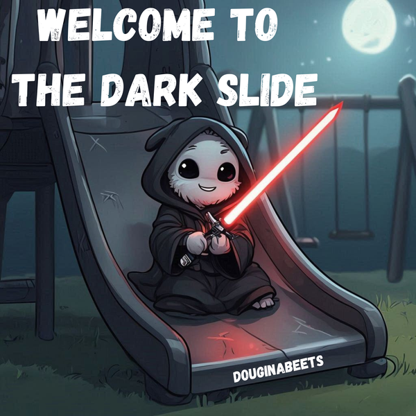 Welcome to the Dark Slide cover art -- a cute baby Sith sitting on a dark playground slide holding a red lightsaber